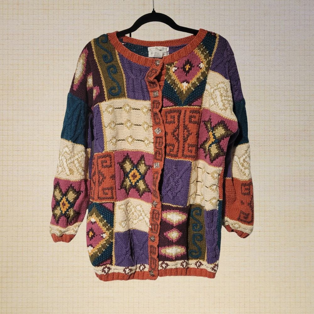 90s Boho Jennifer Reed Hand Knitted Cotton Patchwork Cardigan M Button-Down